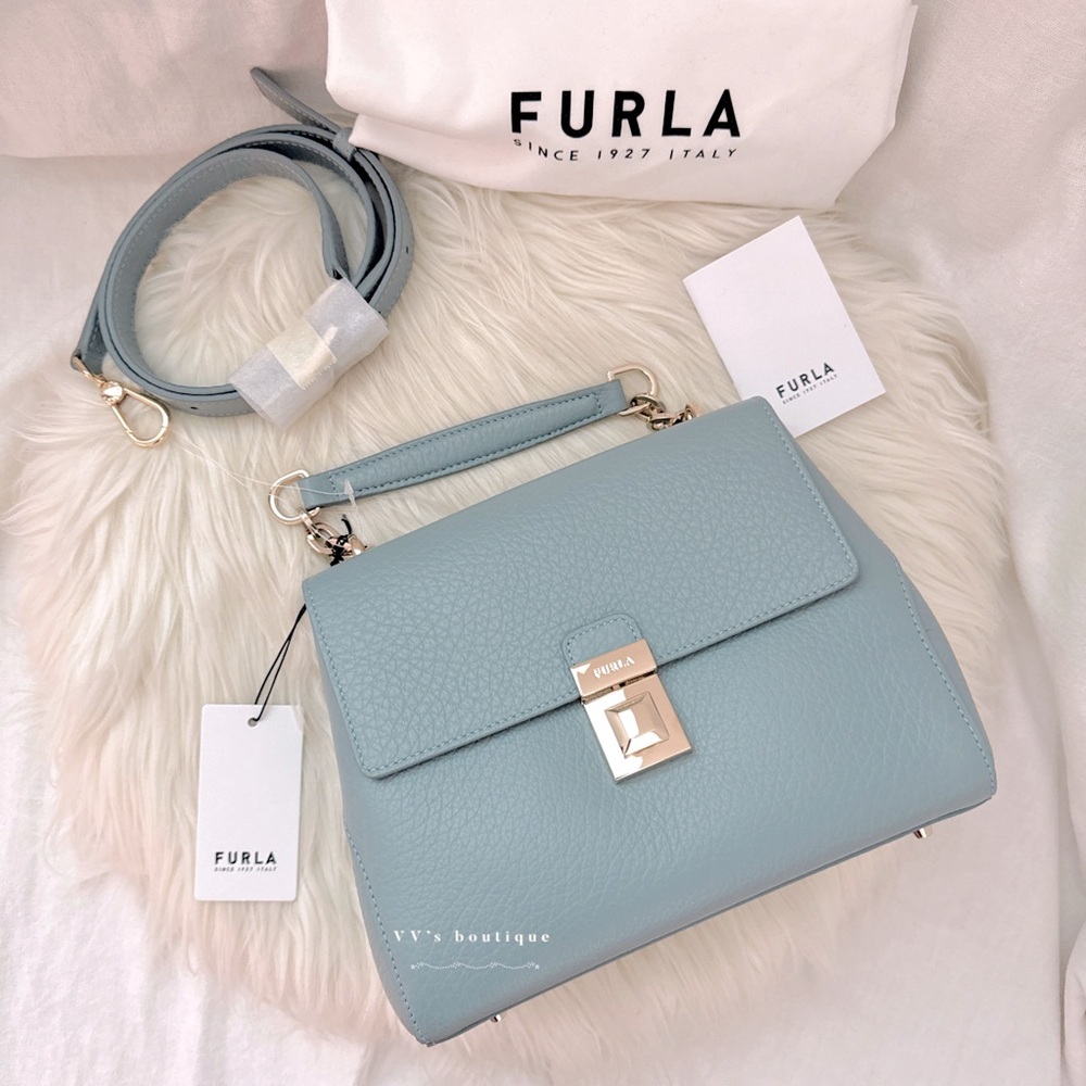 NWT Furla Joann Small Satchel Top Handle Crossbody Bag Avio Mint Green Blue